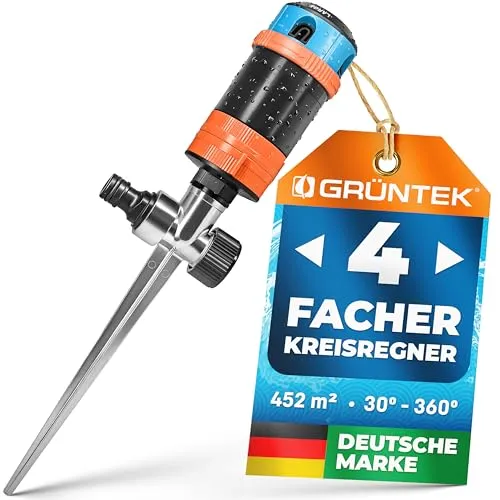GRÜNTEK 4-facher Multifunktions-Kreisregner - Effizienter Rasensprenger für Flächen bis 452 qm mit individuell einstellbaren Strahlarten und einem Beregnungsbereich von 30° bis 360°. Ideal für präzise Gartenbewässerung.