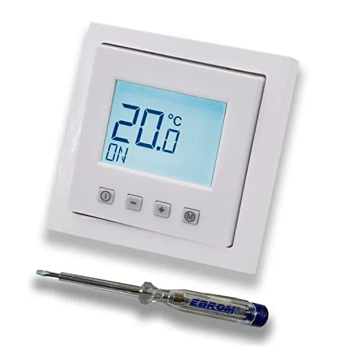 Halmburger Digitales Raumthermostat Raumtemperaturregler ERD-62sg DIGITAL in Busch Jäger Future Linear Studioweiß glänzend Rahmen + EBROM Phasenprüfer z. Montage des Geräts ERD-62 (sg) Fußbodenheizung