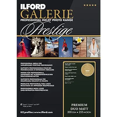 Ilford Druckerpapier GALERIE Prestige Premium Matt DUO A3+ 50 Blatt - Fotopapier mit 200 g Grammatur, ideal für hochwertige Drucke und doppelseitig bedruckbar für kreative Projekte.