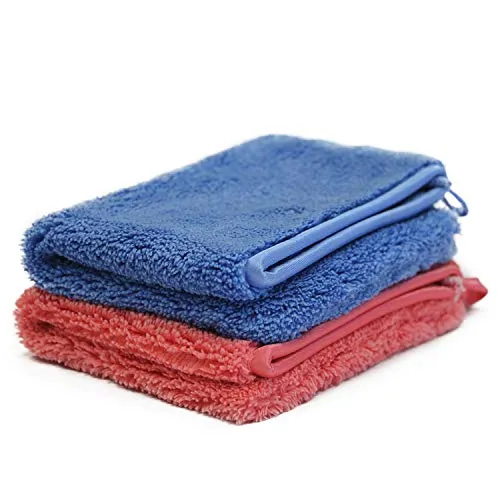 Putzen wie die Profis – 2X Ultra-Microfaser Reinigungshandschuh Set Blau + Rot - Mikrofaser Putzhandschuh für empfindliche Oberflächen - fusselfrei, waschbar bis 95 °C - inkl. Gratisprobe GlasRein