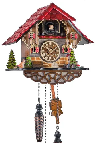 Eble Kuckucksuhr mit Quarzlaufwerk und Musik – 26cm - Hochwertige Wanduhr im Schwarzwaldhaus-Design, mit stündlichem Kuckuckruf und 12 Melodien. Das batteriebetriebene Quarzuhrwerk garantiert präzise Zeitangaben und erfordert kein Aufziehen.