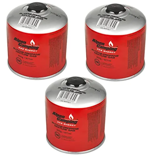Alpen Camping IK008 Gaskartuschen 3x 877 ml - Gaskartuschen Set für Gaskocher, Bunsenbrenner & Lötbrenner. Mit Sicherheitsventil und einfachem 7/16