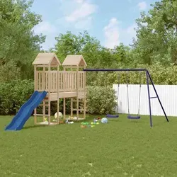 vidaXL Spielturm aus Kiefernholz mit Rutsche und Schaukeln - Entdecke den perfekten Spielturm für deinen Garten! Aus robustem Kiefernholz gefertigt, bietet dieser Spielturm eine Plattform, Rutsche und Schaukeln für unzählige Abenteuer im Freien. Sicherheit und Spaß garantiert!