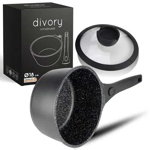 DIVORY Kasserolle 18cm mit abnehmbarem Griff - Kochtöpfe – 2L Stielkasserolle mit innovativer Antihaftbeschichtung für fettfreies Kochen, induktionsgeeignet und spülmaschinenfest, ideal für vielseitige Küche.