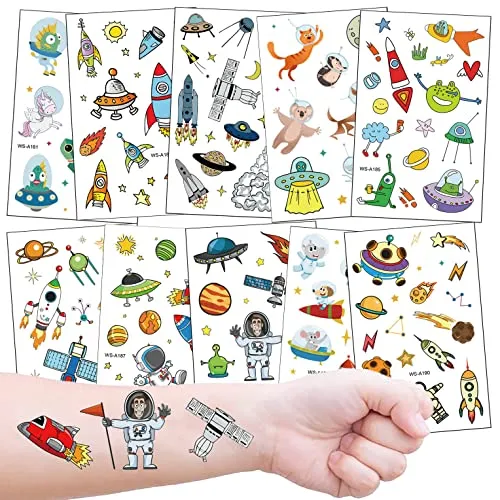 Tattoo Kinder, Weltraum Kindertattoo 10 Bögen für Mädchen Jungen zum Geburtstag Mitgebsel Geschenkidee