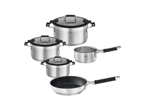 RÖSLE Topfset 5tlg. Silence Pro Edelstahl mit 24 cm Bratpfanne - 5-teiliges Topfset aus hochwertigem Edelstahl mit innovativem Deckel für sauberes Abgießen. Ideal für den täglichen Einsatz in der Küche, mit optimaler Wärmeverteilung und praktischen Funktionen.