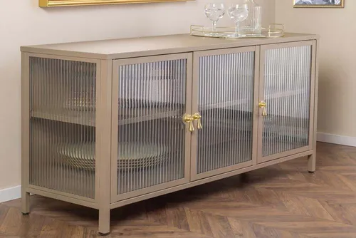 riess-ambiente Sideboard AMSTERDAM 105cm beige/gold - Metall, Riffelglas, 3 Türen, Vitrine (Einzelartikel, 1 St), mit verstellbaren Böden & Stauraum – ideal für Wohnzimmer & Esszimmer