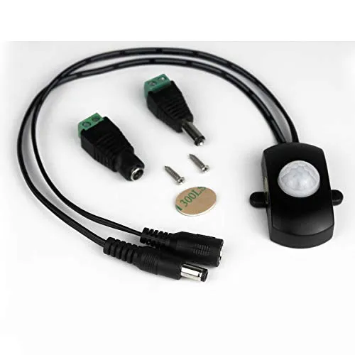Taikuwu PIR Bewegungsmelder Schalter 5A für LED Streifen - Infrarot Sensor 120° Erfassungswinkel mit Einstellbarer Verzögerung (3-5m Reichweite) + DC Adapter