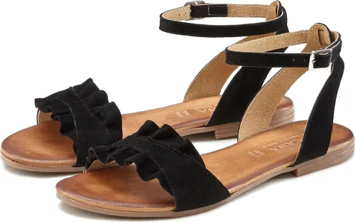 LASCANA Sommerschuh Sandale Damen, Gr. 38, schwarz - Modische Riemchensandale aus hochwertigem Leder mit kleinen Rüschen, ideal für den Sommer. Perfekt für entspannte Tage und schicke Anlässe.