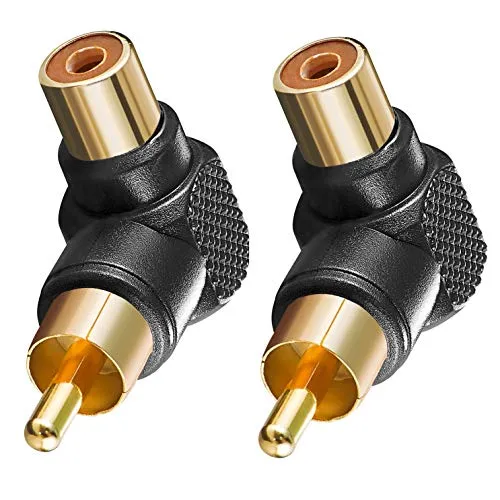 BestPlug 2 Stück RCA L-R Audio Adapter Verbindungsstück, Cinch Stecker männlich auf Cinch Buchse Kupplung weiblich 90° abgewinkelt, vergoldet, Schwarz