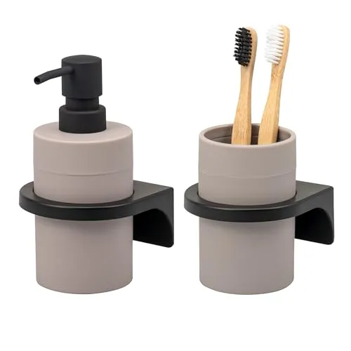 bremermann Badaccessoire-Set SAVONA Softtouch mit Wandhalterung - Praktisches 2-teiliges Bad-Accessoires-Set in taupe mit Wandhalterung. Inklusive Seifenspender (300 ml) und Zahnputzbecher für mehr Platz auf dem Waschbeckenrand. Einfache Montage: kleben oder bohren!
