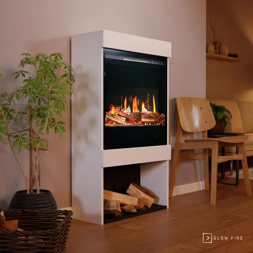 Glow Fire SCM-1 Elektrokamin Screen Motion Weiß - Eleganter Elektrokamin mit LED-Heizfunktion und realistischen Flammenfarben. Genießen Sie eine gemütliche Atmosphäre, regulierbar per App oder Fernbedienung. Ideal für ein modernes Wohnambiente.