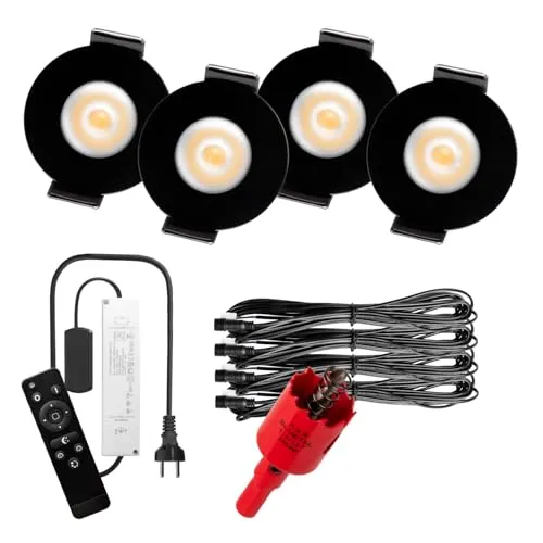 S-Polytec PREMIUM Mini LED- Einbauspots Warmweiß 3.000K, DIMMBAR, IP65, FUNK 3W Einbaustrahler Terrassenüberdachung, Bad, Sauna mit Fernbedienung (SCHWARZ, 4x LED-SET (Warmweiß))