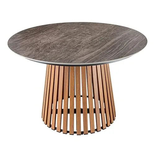 Runder Esstisch Valhalla 115cm - Keramik für Indoor & Outdoor - Esszimmertisch aus Teakholz und Keramik, ideal für 4 Personen. Perfekt für Essbereiche und bringt Japandi-Design in Dein Zuhause!