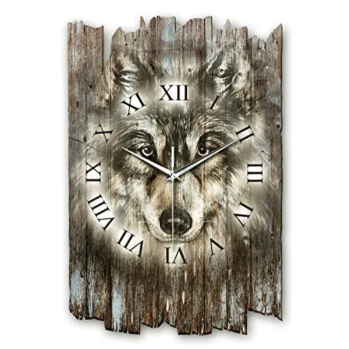 Kreative Feder Designer Wanduhr „Wolf“ aus Holz 40x27cm im Shabby Style Design - Designeruhr mit flüsterleisem Uhrwerk ohne Ticken (Wolf, leises Funkuhrwerk)