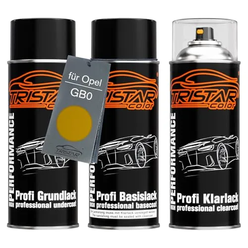 TRISTARcolor Autolack Spraydosen Set für Opel GB0 Kult Gelb Metallic Grundlack Basislack Klarlack Sprühdose 400ml