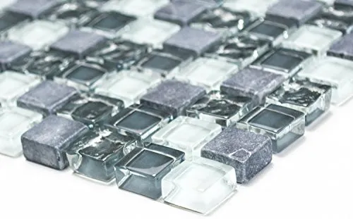 Mosaik Quadrat Crystal/Stein mix grau Glas Naturstein Fliesenspiegel, Mosaikstein Format: 15x15x8 mm, Mattengröße: 322x305 mm, 1 Matte