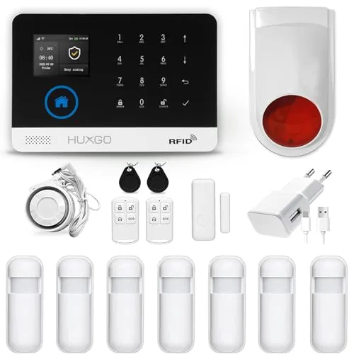 HUXGO HXA003 Funk Alarmanlage WiFi + GSM 4G Modul mit 5 Bewegungssensoren und Funksirene - Bewegungsmelder mit Alarm, SMS-Benachrichtigungen, Steuerung vom Telefon aus
