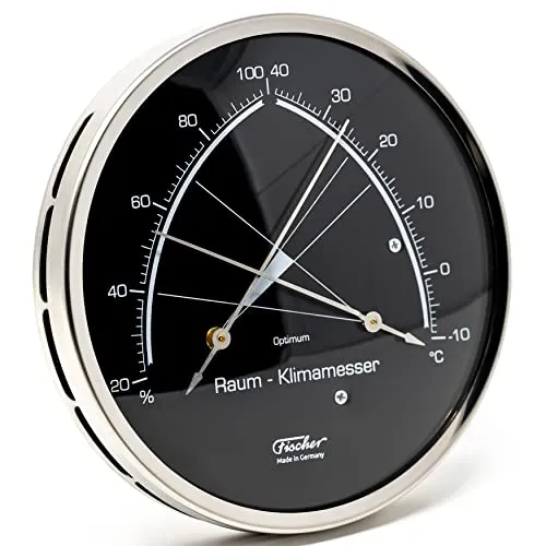 Fischer 146.01.06 - Raum-Klimamesser - 130mm Synthetic-Hygrometer und Bimetall-Thermometer aus Edelstahl Made in Germany