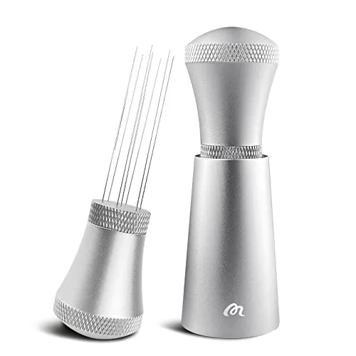 Wdt Tool, Aluminium Wdt Tool Espresso mit Ständer, Kaffee Distributor mit 7 0.3mm Dickem Edelstahl Espresso Nadel für Barista, Silber (3 Ersatznadeln)