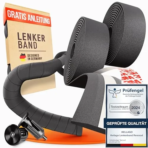 Kellago Lenkerband Schwarz - Rennrad Lenkerband mit Neuem 3M Klebestreifen, Inkl. E-Book & 4x Klebestreifen - Selbstklebend - Fahrrad Lenkerband - Griffband