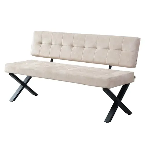 B&D home® Sitzbank Karen 160 cm – Gepolsterte Esszimmerbank im modernen Industrial Design - Esszimmer Sitzbänke mit bequemem, durchgehend gepolstertem Sitz und Rücken für gemütliche Runden. Stabiles X-Metallgestell in Schwarz für sicheren Halt und mehr Platz im Essbereich.