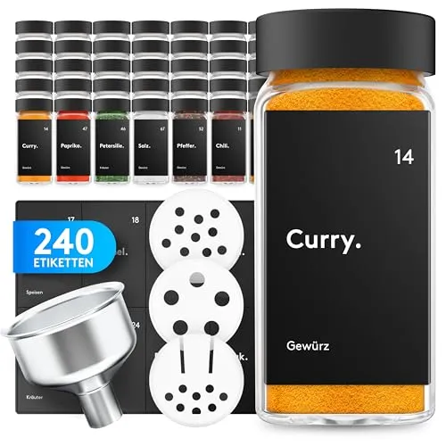 ZMILLA® Gewürzgläser Set Schwarz [24 Stück] Eckig mit Streueinsatz | Inklusive 240 Etiketten + Acrylstift + Aluminiumtrichter | Aufbewahrung Gewürze