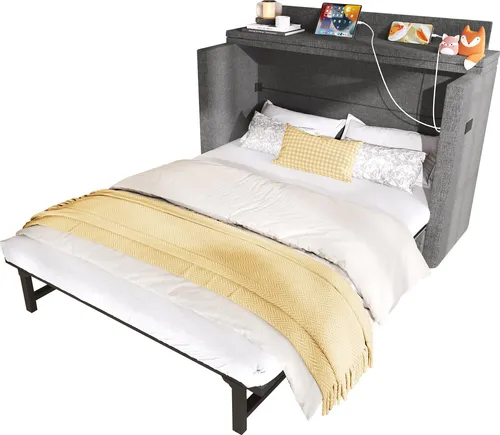 Schrankbett mit Mehrfachsteckdose und Schubladen, 140x200cm - Platzsparendes Wandklappbett - Kompaktes Wandklappbett mit integriertem Stauraum und praktischer Mehrfachsteckdose. Ideal für kleine Räume und Gästezimmer. Inklusive Lattenrost und einfache Montage.