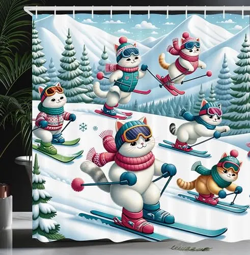 ABAKUHAUS Katze Duschvorhang, Winterthema Cartoon von Skifahren Kätzchenfreunden Schneebedeckte Berge Kiefern, Stoffliches Gewebe mit Haken, 175 x 200 cm, Blasses Blau Himbeere Weiß