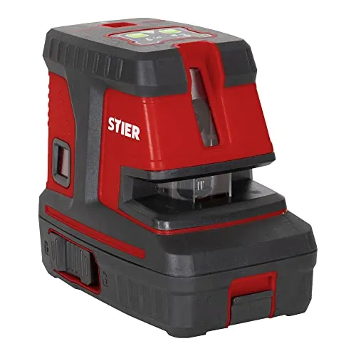 STIER Kreuzlinienlaser 150° x 130° mit 5 Lotpunkten, grün - Messgeräte für präzises Ausrichten mit 5 einzeln schaltbaren Laserlinien und Neigungsmodus – ideal für Fliesenlegearbeiten und Malerarbeiten.
