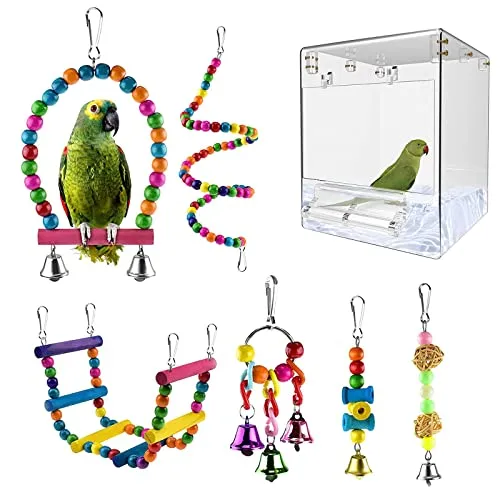 QeeHeng Vogeltränke, Vogeltränke, 13 x 13 x 17 cm, Vogeltränke, Wasserdusche, transparente Box, Futterspender für kleine Vögel, (auslaufsichere Vogeltränke + 6 Vogelspielzeuge) (transparent)