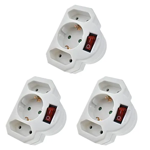 3X Mehrfachstecker weiß mit Schalter - Steckdosenadapter mit Kindersicherung - Zwischenstecker 3fach - Multistecker 1 Schuko 2 EU-Steckdosen