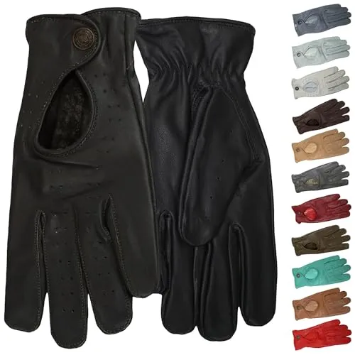 German Wear Unisex Autofahrer-Handschuhe aus Leder (Schwarz, 8=M) - Dünne und weiche Lamm-Nappalederhandschuhe im klassischen Retro-Look, ideal für komfortables Fahren. Mit Druckknopfverschluss und offenem Handrücken für optimale Flexibilität.