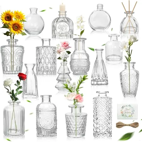 UCAMP 16 Kleine Vasen,Mini Vasen Set,Glas Blumenvase,Vintage Deko Vasens,Small Glass Vase for Table Decoration,Dekovasen-Set mit 8 m Juteschnur,für Küche,Esszimmer,Wohnzimmer,Badezimmer