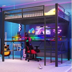 Hochbett 140x200 Cm Aus Metall In Schwarz Mit Schreibtisch, Rgb-led, Usb, Typ-c Und Steckdosen