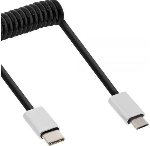 InLine USB 2.0 Spiralkabel, Typ C Stecker an A Stecker, schwarz/Alu, flexibel, 2m