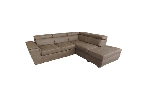 Ecksofa Sandy mit Ottomane rechts - Braun - Das Ecksofa Sandy bietet perfekten Komfort für entspannte Abende. Mit verstellbaren Kopfstützen und cleverem Stauraum in der Ottomane ist es ideal für Familie und Gäste. Maße: 263 x 82 x 163 cm, Sitzhöhe: 45 cm.