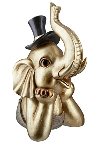 GILDE Deko Figur Elefant Maroni - Goldene Skulptur mit Zylinder - Charmante Dekofigur aus Kunstharz, 29 cm hoch. Ein fröhlicher Blickfang für Wohnzimmer und perfekte Geschenkidee für jeden Anlass.