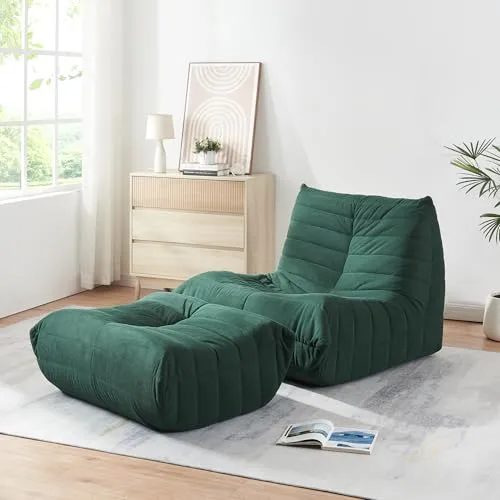 [en.casa] Bodensessel Kodsø Cord Grün mit Fußhocker - Relaxsessel & -liegen mit hochwertiger Schaumstoffpolsterung für maximalen Komfort, rutschfester Unterseite und modernem Design – ideal zum Entspannen, Lesen oder Gaming.