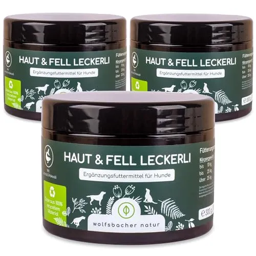 Wolfsbacher Omega 3 für Hunde - Leckere Haut & Fell Snacks mit Lachsöl - Leckere Snack-Box mit Lachsöl, Kokosöl und Bierhefe für gesunde Haut und glänzendes Fell. Ideal zur Unterstützung der Fellpflege deines Hundes. 3 x 150g für glückliche Vierbeiner!