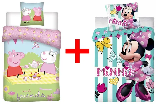 Peppa Wutz & Minnie Maus Kinderbettwäsche Set 100x135 cm - 2-teiliges Babybettwäsche-Set mit beliebten Filmfiguren. Ideal als Geschenk für jeden Anlass. Pflegeleicht aus 100 % Baumwolle - perfekt für süße Träume!