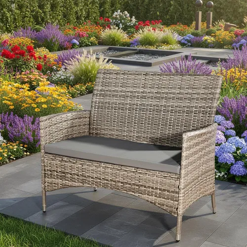 Polyrattan Gartenbank 2?Sitzer Grau wetterfest inkl. Kissen Balkon Garten