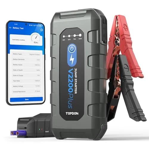 TOPDON 2-IN-1 Auto Starthilfe Powerbank & Autobatterietester, 2200A Starter Powerbank für 12V PKW (bis 8L Benzin/6L Diesel), V2200Plus Booster Auto Starthilfe Jump Starter mit LED,USB-Schnellladeports