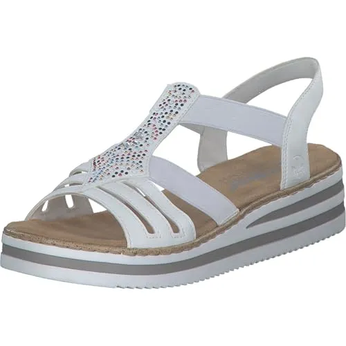 Rieker Sandalen Lederimitat Keilsandalette weiß 39 EU - Wanderschuhe mit 4 cm Keilabsatz, ideal für komfortable Spaziergänge. Hergestellt aus pflegeleichtem Lederimitat und mit einem lässigen Schlupfschuh-Design.