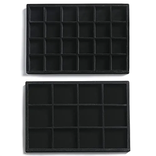 Frebeauty Stapelbare Samt-Schmuck-Organizer-Ablagen für Schubladen Einsätze Schmuckaufbewahrung Vitrinen Ohrstecker Armbänder Halsketten Ringe Zubehör Tabletts für Frauen(2er-Set,Schwarz)