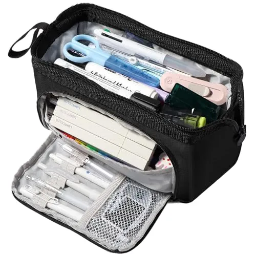 Diboniur Federmäppchen Groß mit 3 Etagen, Pencil Case Federmappe Tragbare, Federmäppchen Mittelschule, Aufbewahrung von Schreibwaren (Schwarz)