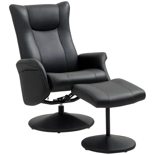 Homcom Relaxsessel Schwarz Leder mit Hocker - Eleganter Relaxsessel mit 10 cm dicker Polsterung und 360° Drehfunktion für ultimativen Komfort. Ideal für Wohnzimmer und Entspannung.