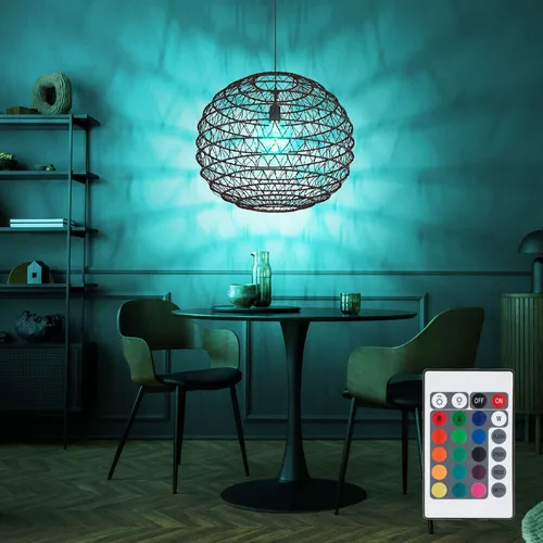 Pendelleuchte Papier schwarz mit Fernbedienung - Moderne Hängelampe mit dimmbarem RGB LED Leuchtmittel, stimmungsvolles Kugel-Geflecht-Design und 1,2 m Kabel, ideal für Wohnzimmer.