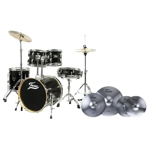 FAME Maple Standard Jungle Set, Schlagzeug in Schwarz, inklusive Cymbal Set mit 20 Zoll Ride, 16 Zoll Crash, 14 Zoll HiHat, Drum-Set und Cymbals Set