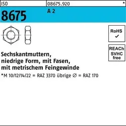 Niedrige Sechskantmuttern ISO-Typ 0 M22x1,5 aus Edelstahl A2 - Eisenwaren: Hochwertige niedrige Sechskantmuttern ISO 8675 mit metrischem Feingewinde für präzise Anwendungen, ideal für Maschinenbau und Konstruktion.